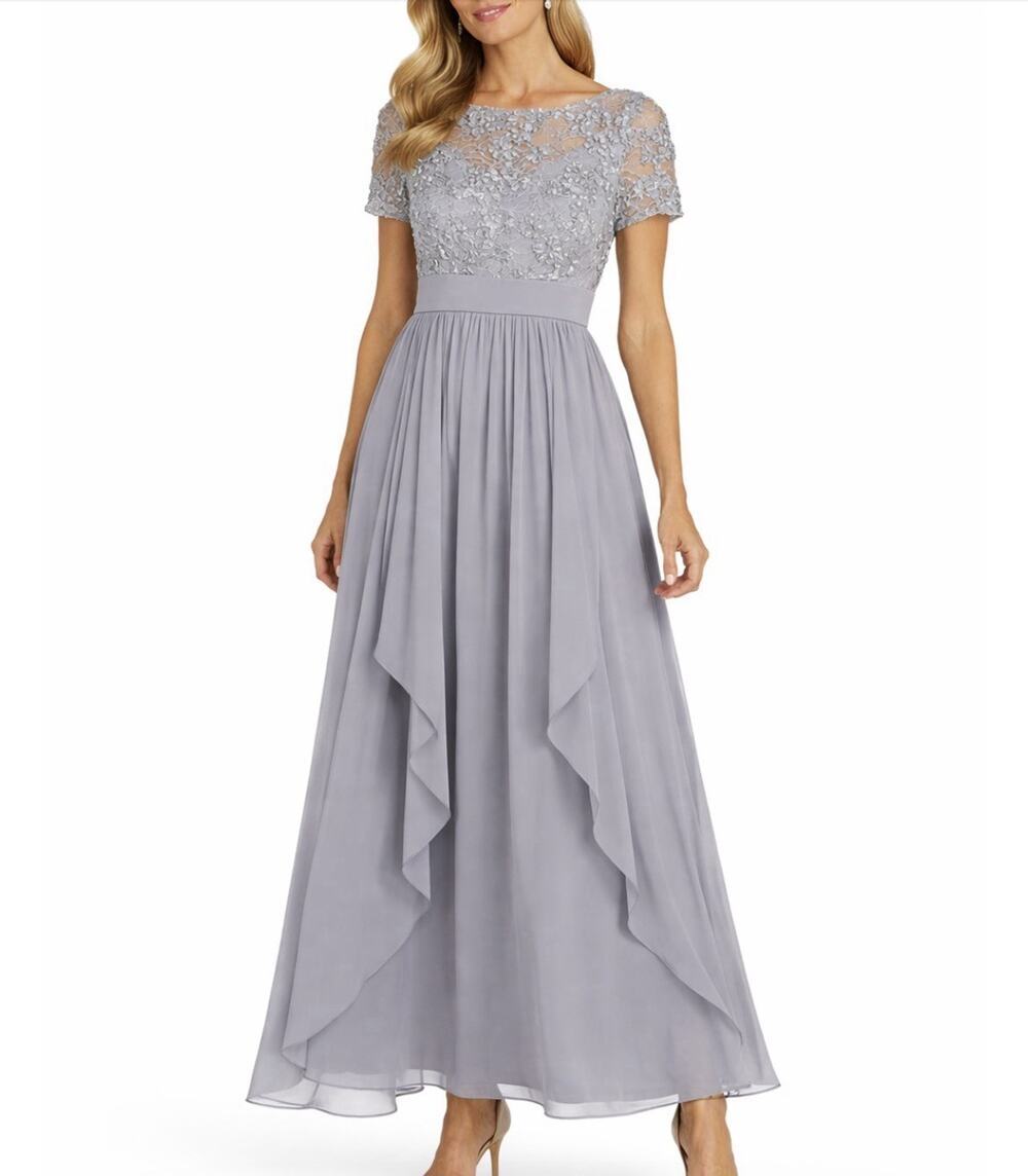 R&M Richards Size 10 NWT Silver Soutache Cascade Floor Length Evening Gown Maxi